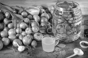 Salted tomatoes in a glass jar. Black and white image.