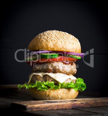 large burger with two fried cutlets