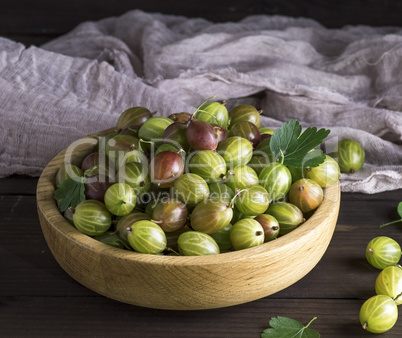 ripe green gooseberry in a wooden bowl