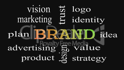 Brand concept word cloud on black background.
