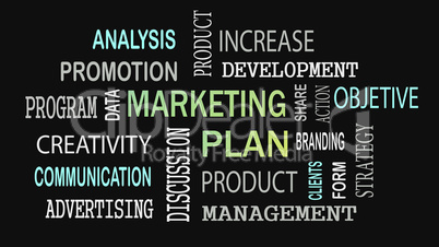 Marketing Plan word cloud concept on black background.
