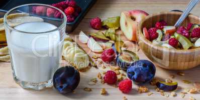 Bowl of muesli with berries, fruits and milk