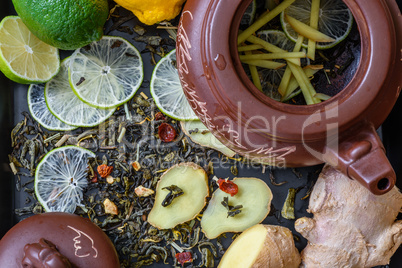Ingredients for tea with lime and ginger.