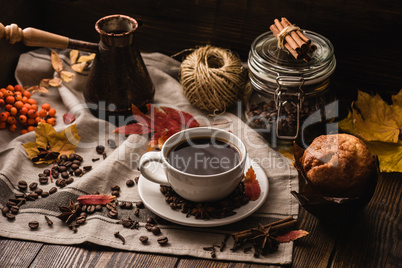 Autumn Leaves with Cup of Coffee and Muffin.