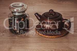 Asian teapot on stand and jar