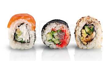 Various sushi rolls in a row