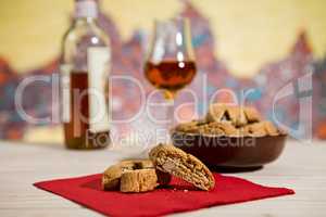 Closeup of Italian cantucci biscuits on a red napkin