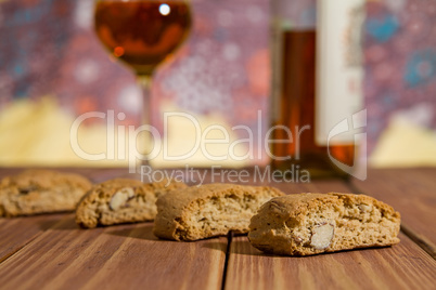 Closeup of Italian cantucci biscuits over a wooden table