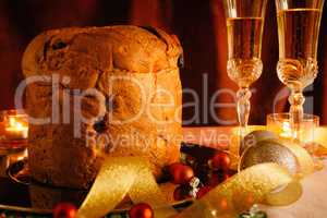 Closeup of Christmas cake and sparkling wine