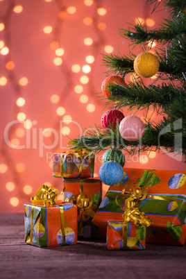 Christmas gifts with blurred lights