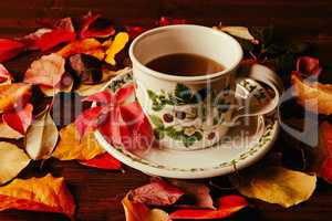 Cup of tea and autumnal foliage