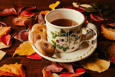Cup of tea with biscuits and autumnal foliage