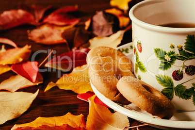 Closeup of cup of tea with biscuits and autumnal foliage