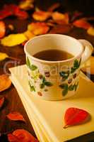 Cup of tea, books and colorful autumnal foliage