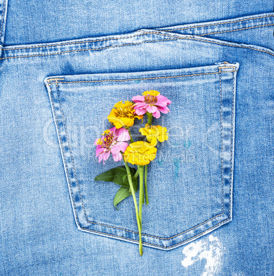 bouquet of flowers on the back pocket of blue jeans