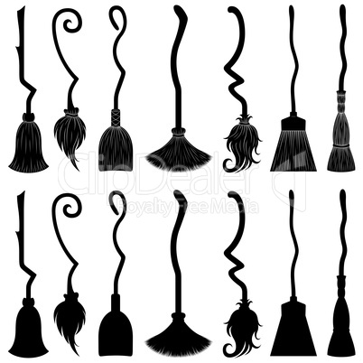 Set of different witch brooms