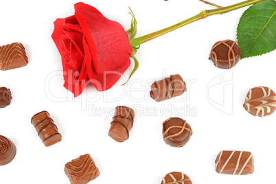 Assortment of chocolates and red rose isolated on white backgrou