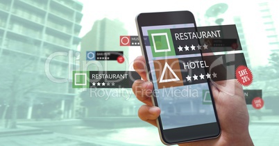 App review locations in augmented reality with green city background faded