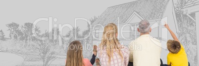 Family in front of house drawing sketch