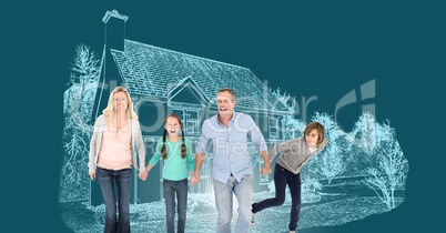 Family in front of house drawing sketch