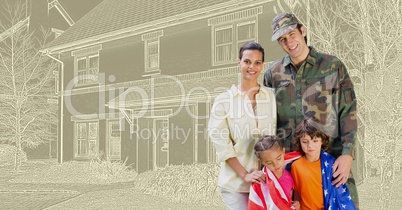 Military soldier family in front of house drawing sketch