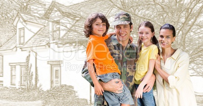 Military soldier family in front of house drawing sketch