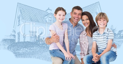 Family in front of house drawing sketch