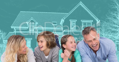 Family in front of house drawing sketch