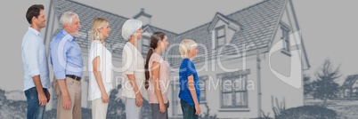 Family generations descending in height in front of house drawing sketch