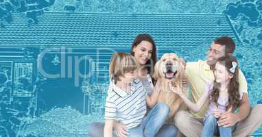 Family in front of house drawing sketch with dog