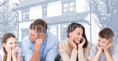 Family in front of house drawing sketch