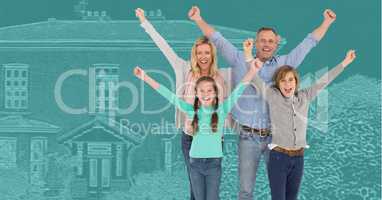 Family in front of house drawing sketch