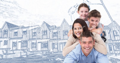 Family in front of house drawing sketch