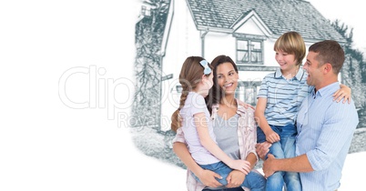Family in front of house drawing sketch