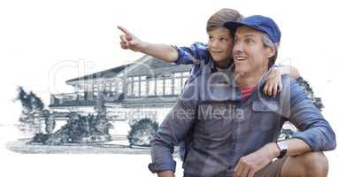 Father and son in front of house drawing sketch