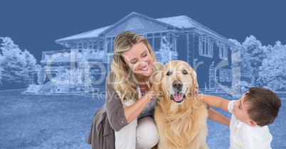 Family and dog in front of house drawing sketch