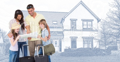 Family in front of house drawing sketch with luggage