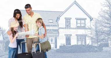 Family in front of house drawing sketch with luggage