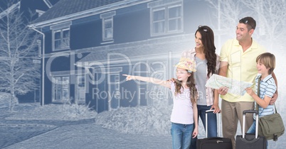 Family in front of house drawing sketch with luggage