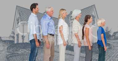 Family generations descending in height in front of house drawing sketch