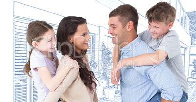 Family in front of house drawing sketch