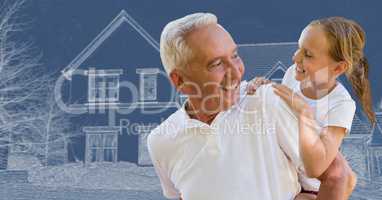 Father and daughter in front of house drawing sketch