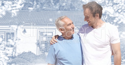 Grandad and son in front of house drawing sketch