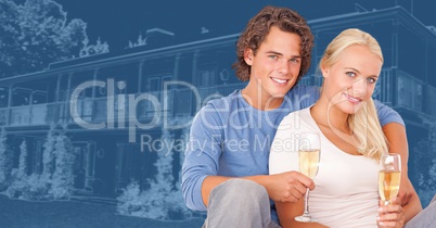 Couple holding champagne celebrating in front of house drawing sketch