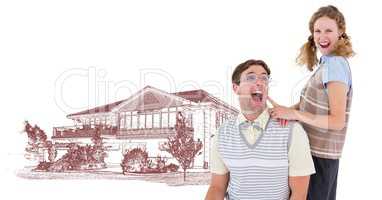 Couple in front of house drawing sketch