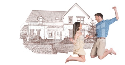 Couple celebrating jumping in front of house drawing sketch