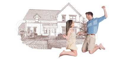 Couple celebrating jumping in front of house drawing sketch