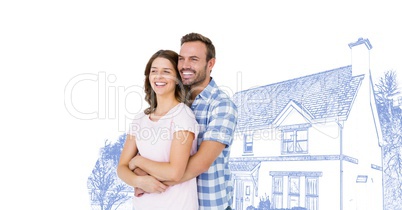 Couple holding each other in front of house drawing sketch