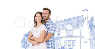 Couple holding each other in front of house drawing sketch