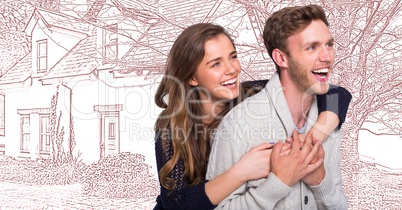 Couple in front of house drawing sketch